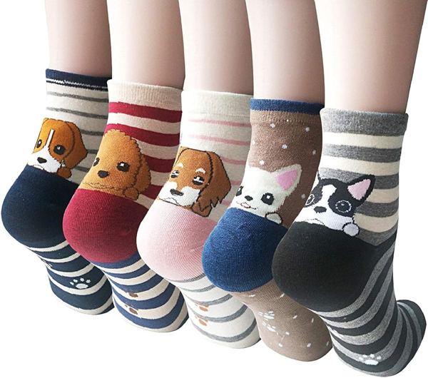YSense 5 Pairs Womens Fun Socks Cute Dog Cat Print