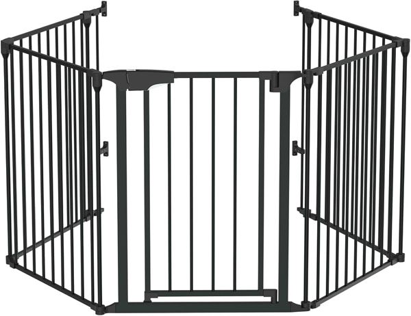 Bonnlo 134 Inches Wide Configurable Baby Gate, Fireplace Safety Fence/Guard, Adjustable 5-Panel Metal Play Yard for Toddler/Pet/Dog, Christmas Tree Fence, Includes 4 Pack of Wall Mounts, Black