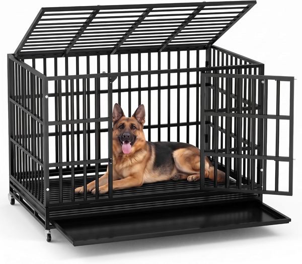 LEMBERI 48" Heavy Duty Dog Crate, Indestructible Escape-Proof Cage Kennel for Large Dogs, High Anxiety Dog Crate with Removable Wire Trays & Lockable Wheels, Extra Large XL XXL, Black