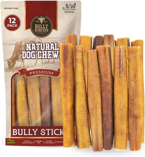 Bully Bunches Premium Odor-Free Bully Sticks, 6" Jumbo, 12 Pack, for Medium & Large Dogs